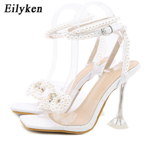 Eilyken Women Gladiator Sandals shoes Sexy White String Bead high heels Sandals Summer Party Dress shoes Buckles pumps size 42