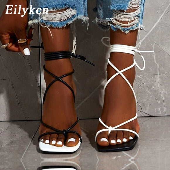 Sexy Lace Up Sandals Square Toe Heel Blac And White